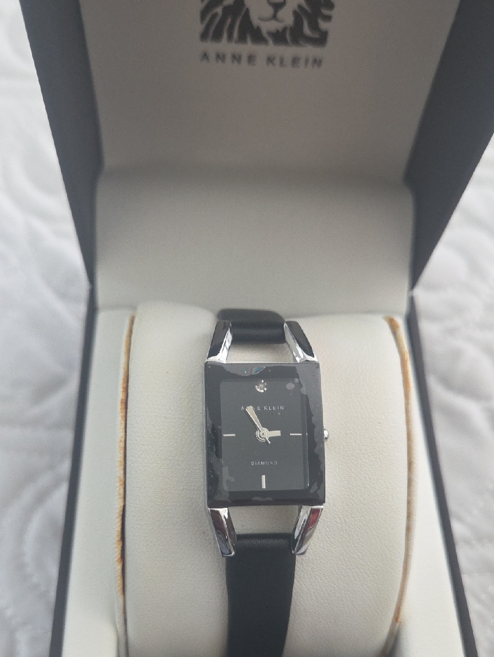 Anne Klein Black Dial Silver-Tone Case Leather Strap Watch